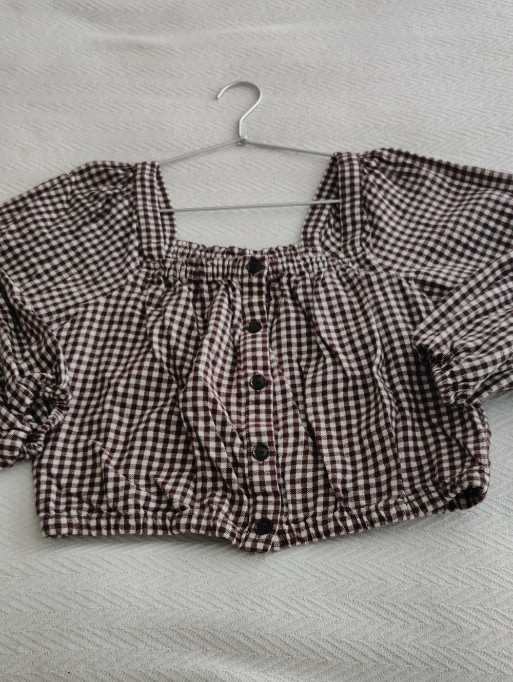 Madewell Brown Gingham Puff-Sleeve Crop Top Small